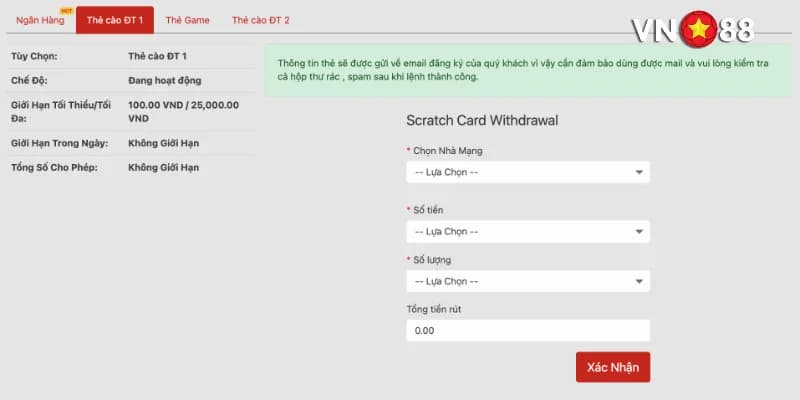 Rút tiền VN88: Các bước rút tiền thưởng về ngân hàng cá nhân 3 Rút tiền thông qua thẻ cào